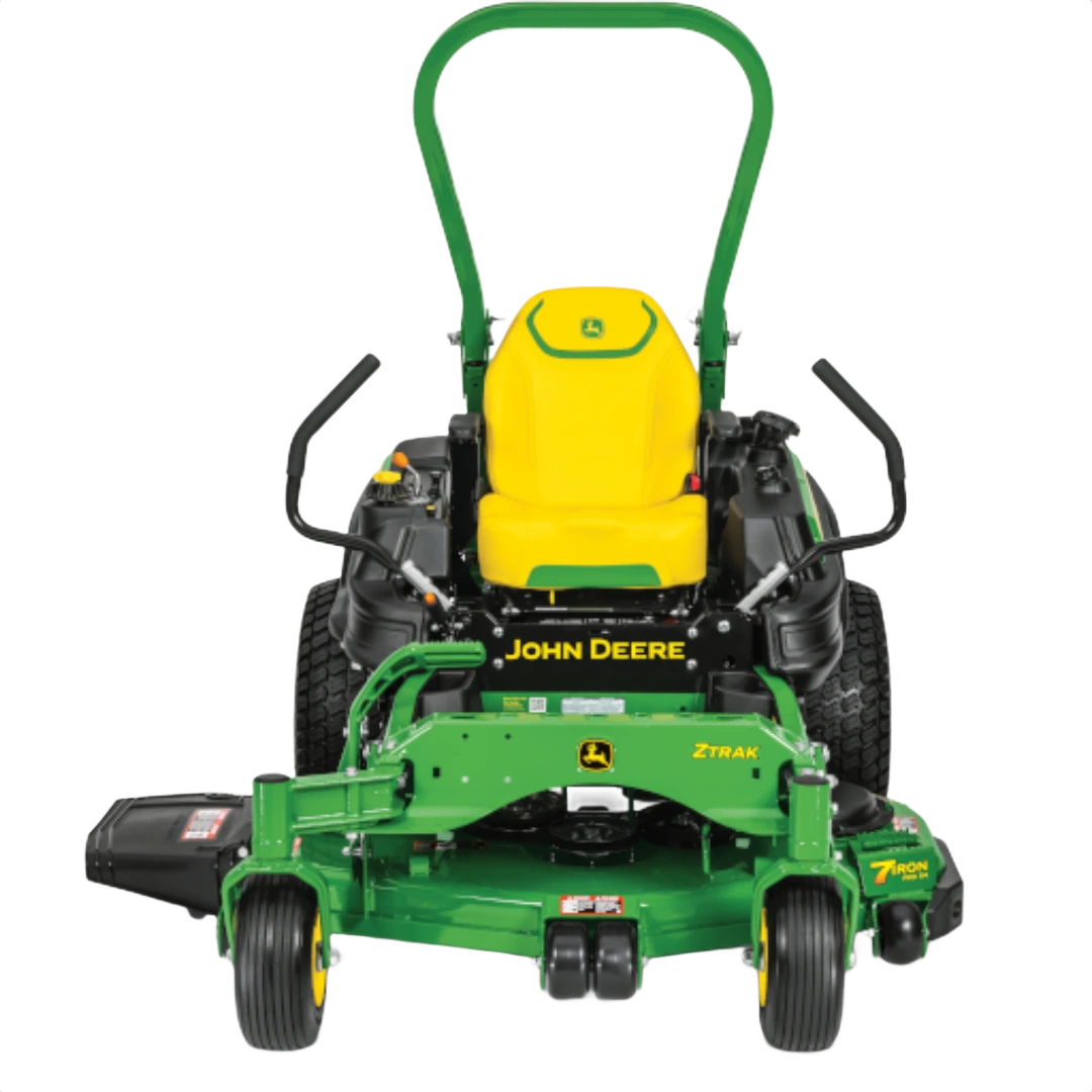 Front view of green and yellow John Deere ZTrak mower with 54-inch deck for zero turn lawn mowers and lawn & garden use
