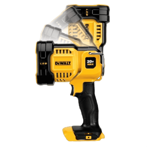 Yellow and black cordless LED spotlight with adjustable head for versatile illumination in tools and home improvement tasks