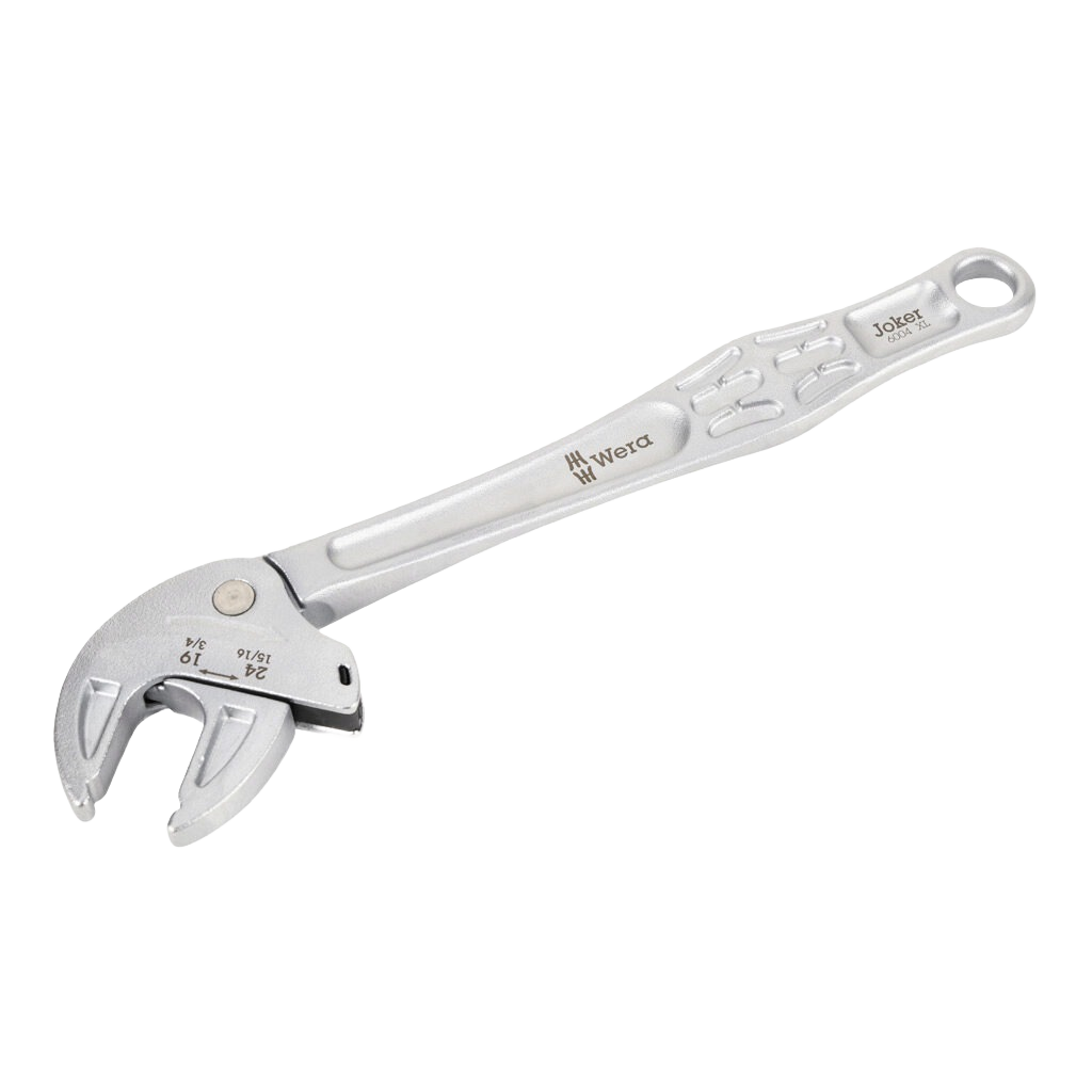 Adjustable polished metal self-setting wrench with ergonomic grip for hand tools and woodworking use