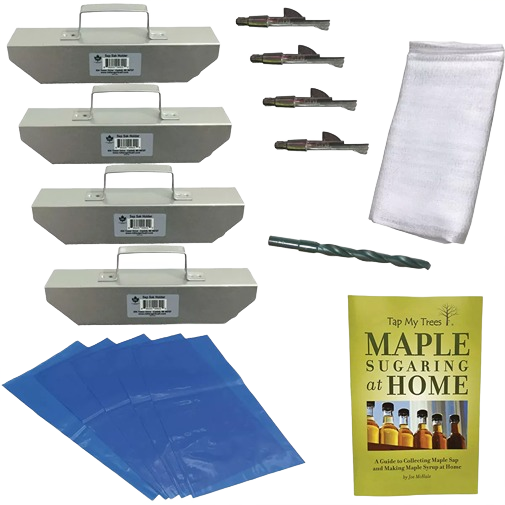 Metal sap spouts, blue plastic bags, stainless steel tools, filter cloth, and maple sugaring guide for home sap collecting kit