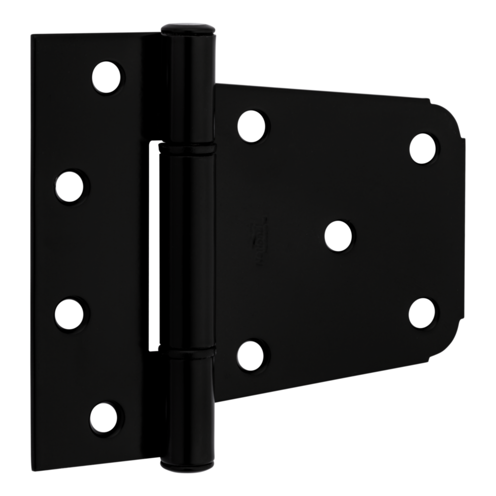 Black extra heavy-duty gate hinge with multiple mounting holes for secure outdoor gate hardware and door accessories under $50