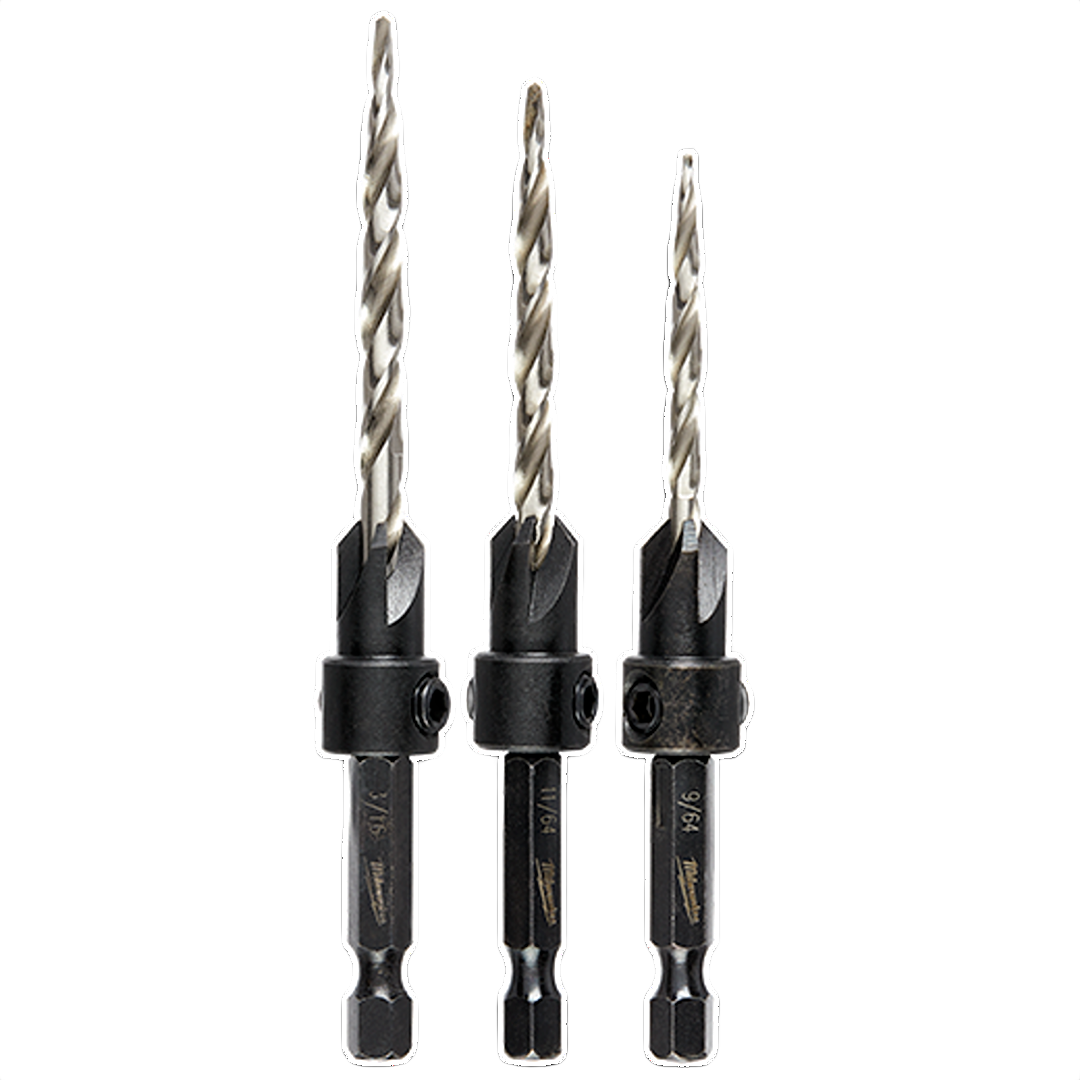Set of three Milwaukee countersink drill bits with hex shanks for precision drilling in power tool accessory collections under $50