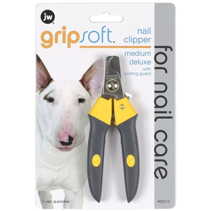Medium-sized gray and yellow nail clippers with soft grip handles for pet nail care, packaged with dog image and care instructions