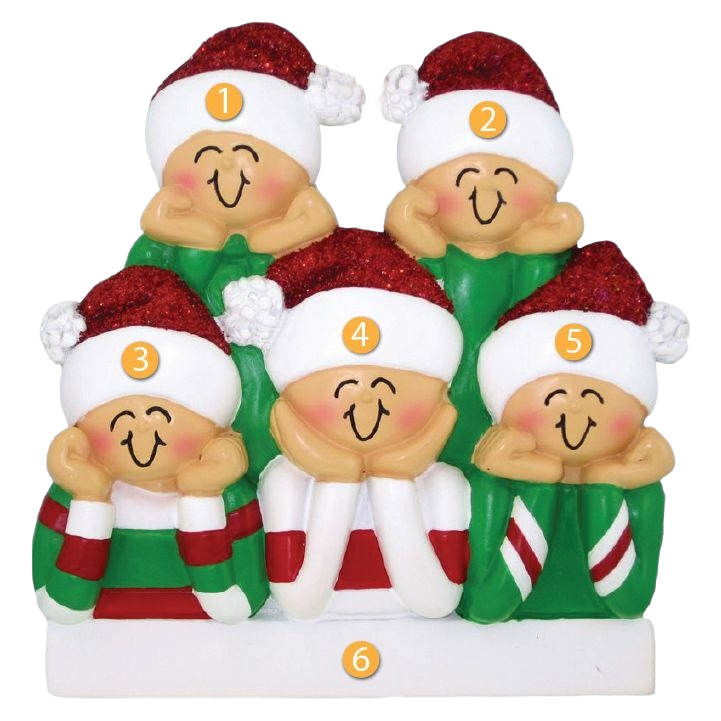 Festive ornament featuring five smiling figures wearing Santa hats in Christmas Ornaments & Tree Decorations collection