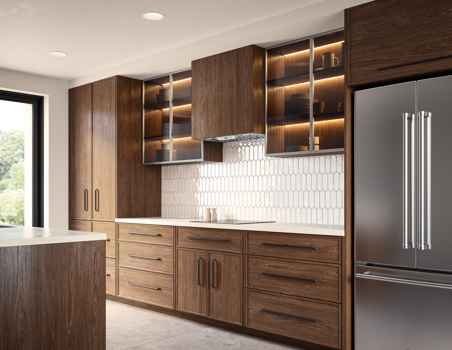 Modern kitchen featuring wood cabinetry, built-in stainless steel range hood insert, and stainless steel refrigerator in appliances collection