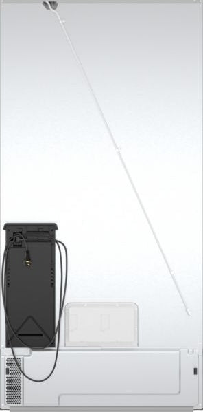 Rear view of a white French door refrigerator showing ventilation, electrical connections, and access panel from Bosch appliances collection