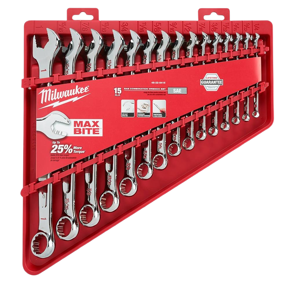 Milwaukee 15-piece SAE combination wrench set with MAX BITE grip in red storage tray for hand and woodworking tools collections