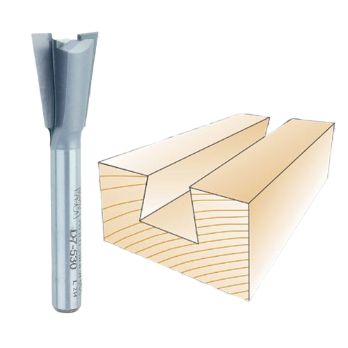 Carbide-tipped dovetail router bit for woodworking shown alongside wood joint illustration in tool accessories collection