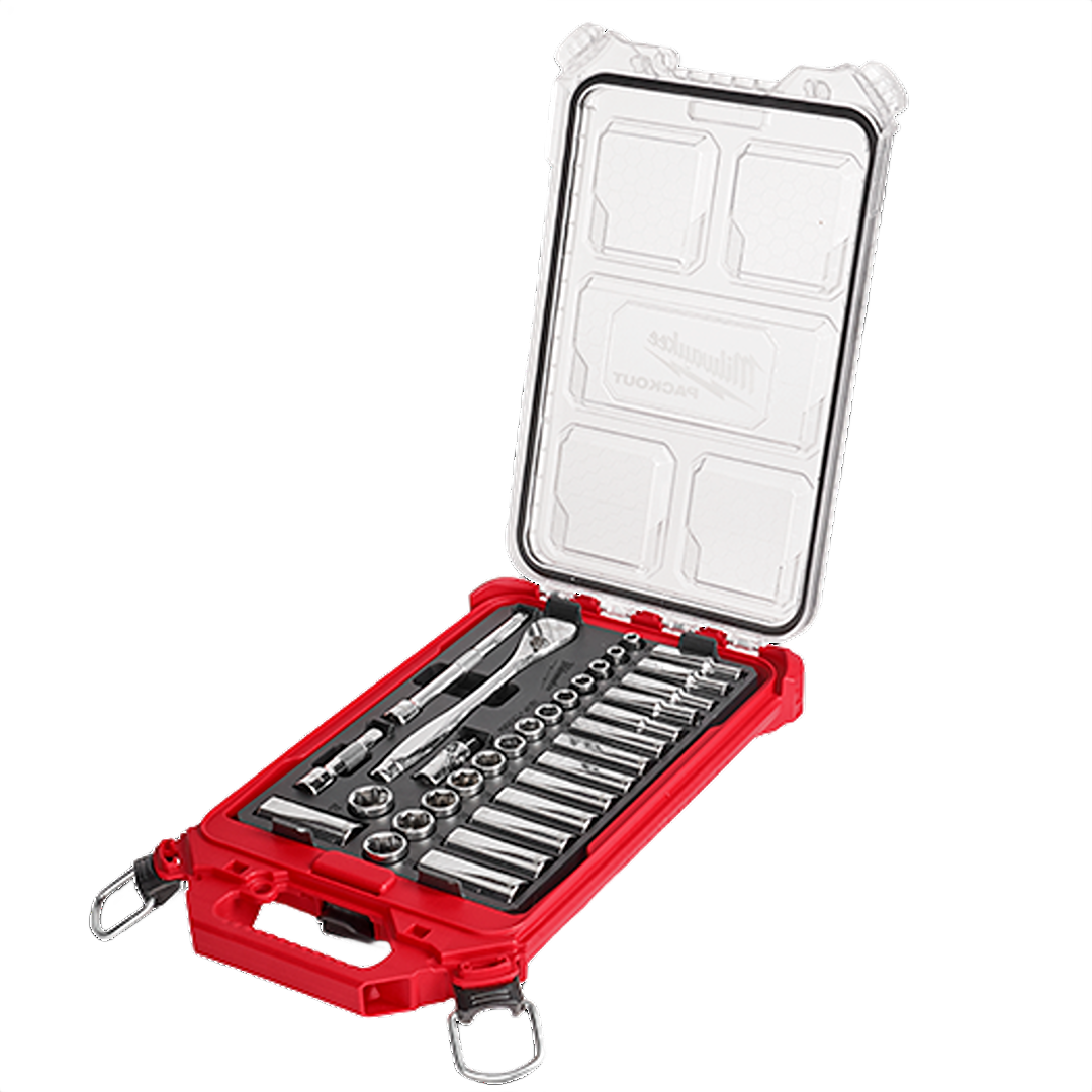 Compact red storage case with metric ratchets and sockets organized for woodworking and hand tool use