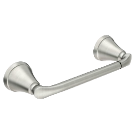 Brushed nickel pivoting paper holder with sleek cylindrical design for bathroom and home improvement use