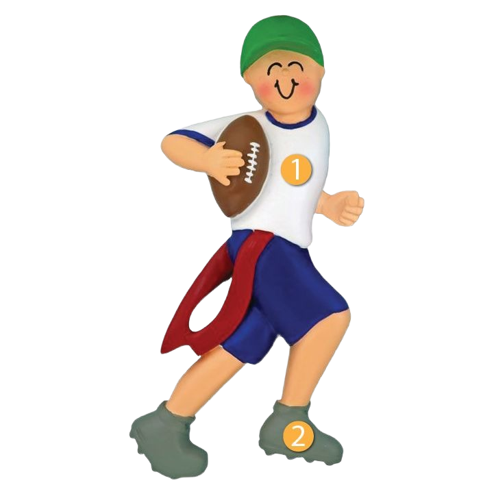 Personalized boy figurine in green cap playing flag football ornament for Christmas tree decoration under $50 collection