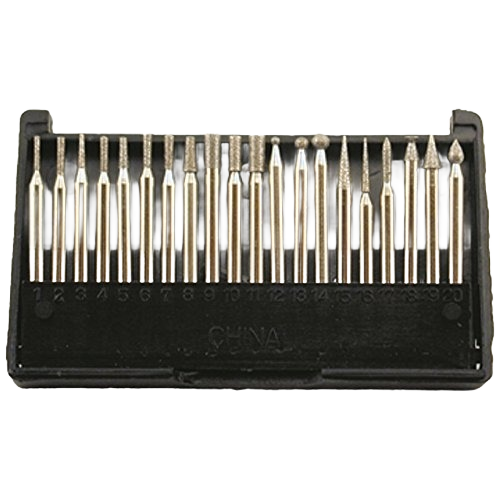 Set of 20 diamond-tipped rotary tool bits in various shapes for precision work, ideal for home improvement and tool accessories