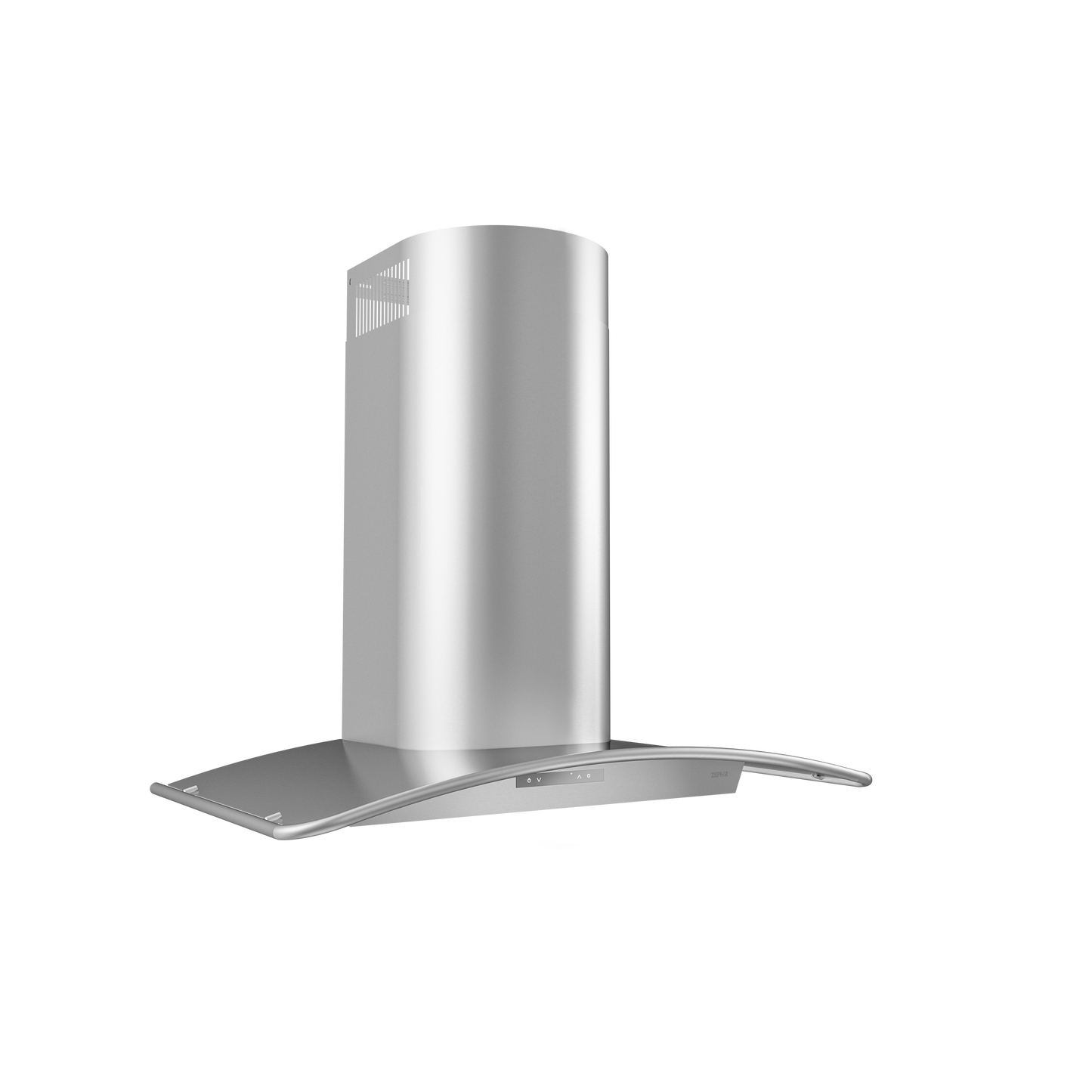 Stainless steel range hood with curved glass canopy and digital touch controls from Over the Range Hoods collection