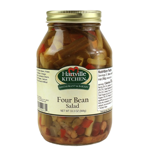 Glass jar of Hartville Kitchen Four Bean Salad with green beans, red peppers, and onions in preserved food collection under $50
