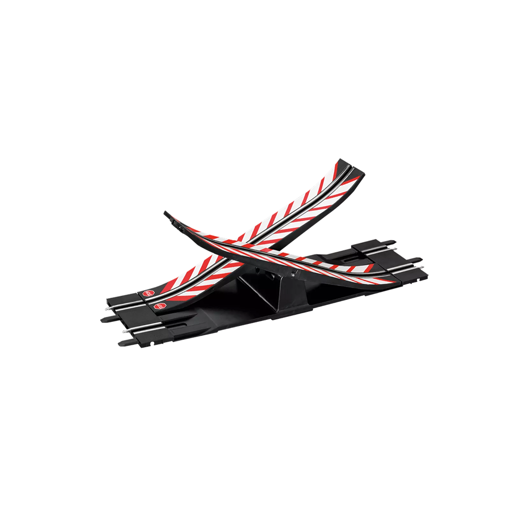 Black plastic race track see saw accessory with red and white striped ramps for digital slot car sets