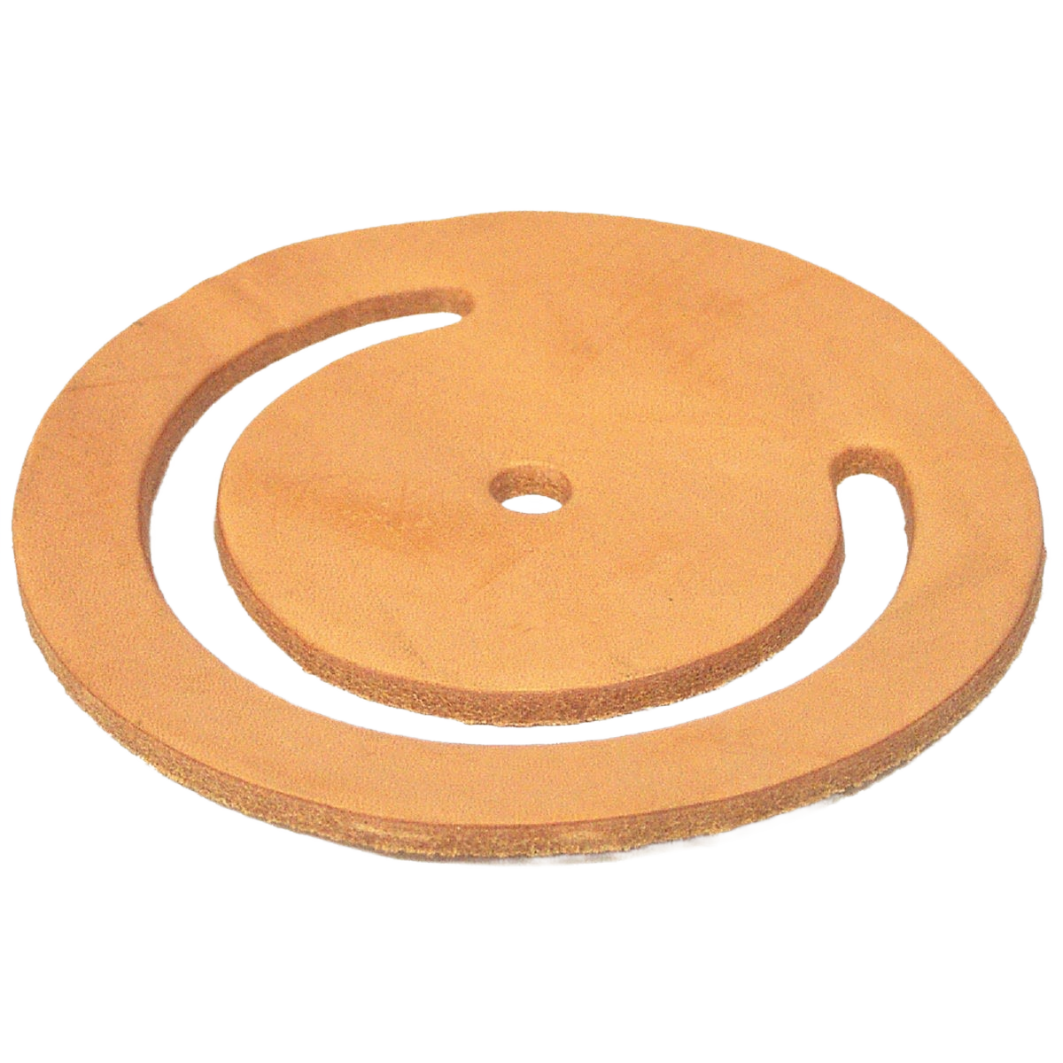Round tan leather valve gasket with central hole and crescent cutout for home improvement applications