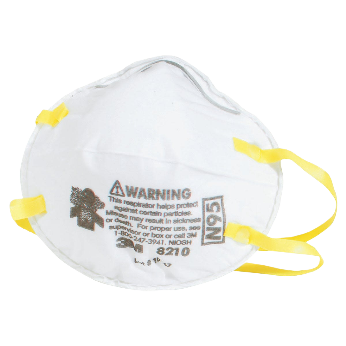 White N95 particulate respirator mask with yellow straps for safety and dust protection in hardware and PPE collections