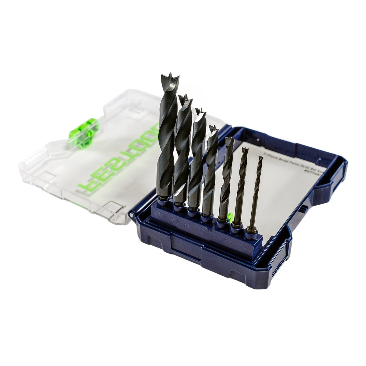 Set of black brad point drill bits in blue storage case for power tool accessories and home improvement collections