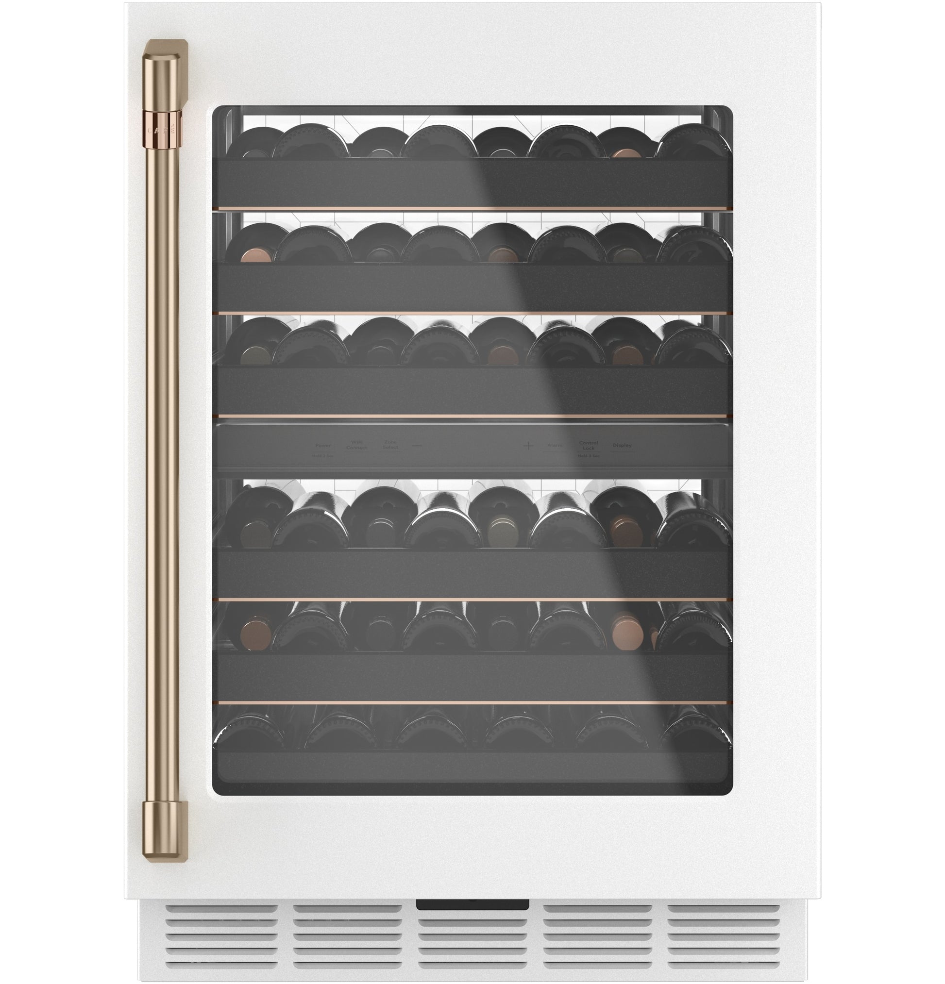 White beverage center with glass door, bronze handle, and multiple wine bottles inside in kitchen appliances collection