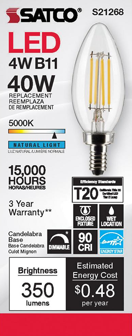 Satco 4W B11 clear LED bulb with natural light, candelabra base, dimmable, energy-efficient under $50 lighting accessory