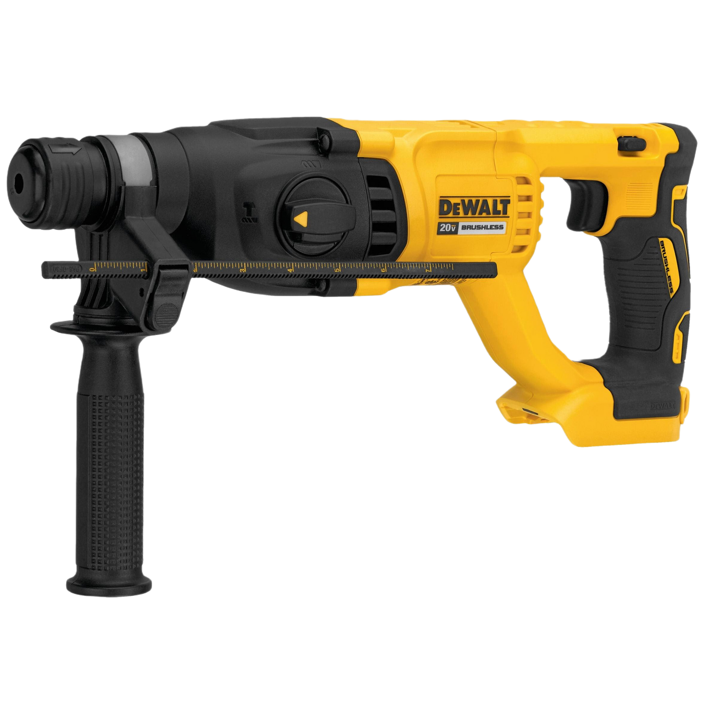 Yellow and black cordless rotary hammer with D-handle and side grip for tools and home improvement use