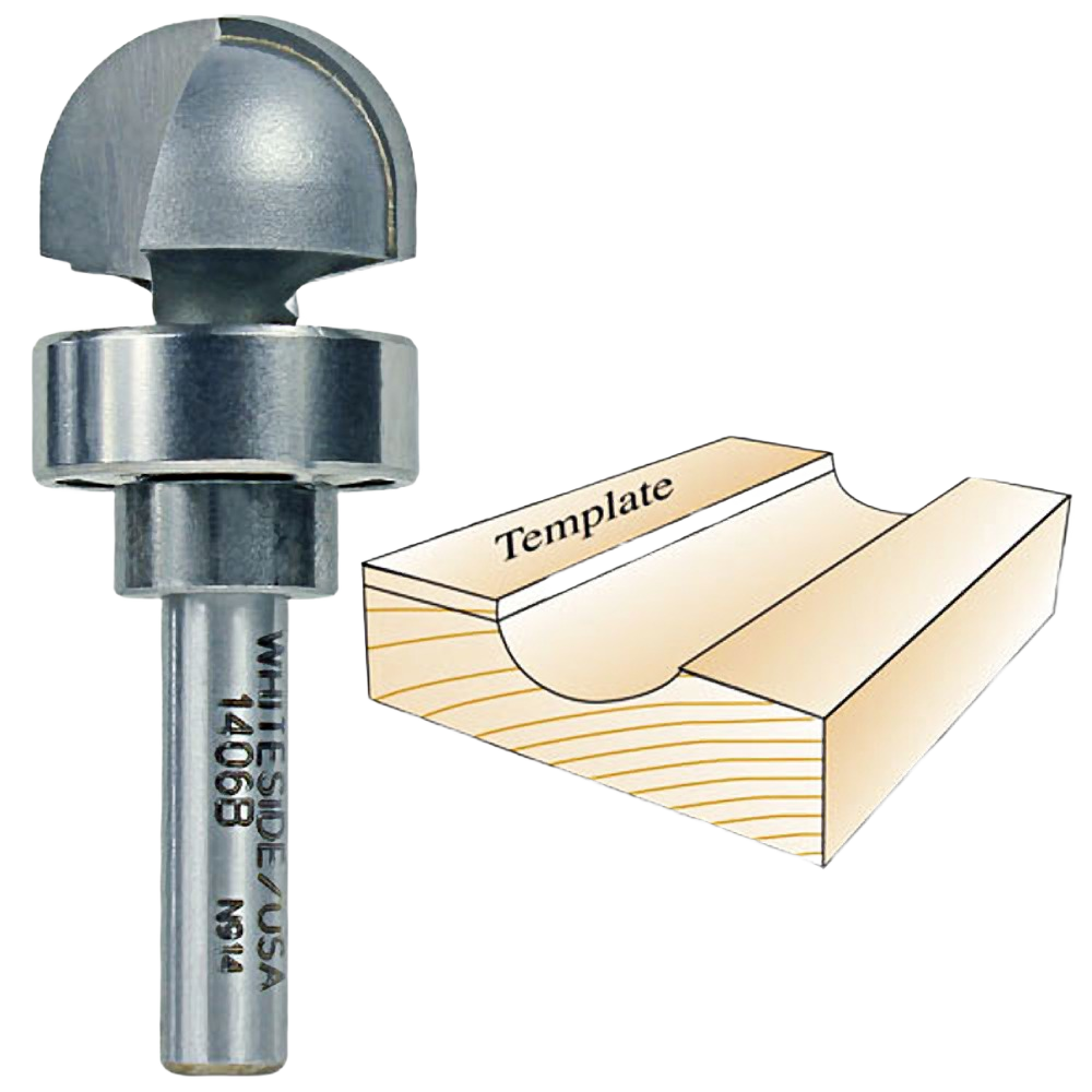 Router bit with bearing guide for woodworking, shaping rounded grooves using a template in tool accessories collection