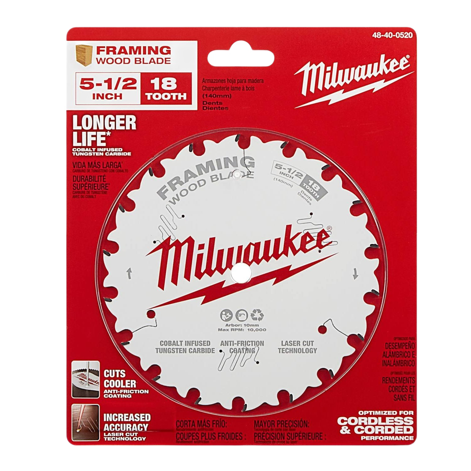 5-1/2 inch Milwaukee framing saw blade with 18 teeth, cobalt infused tungsten carbide, anti-friction coating for tool accessories
