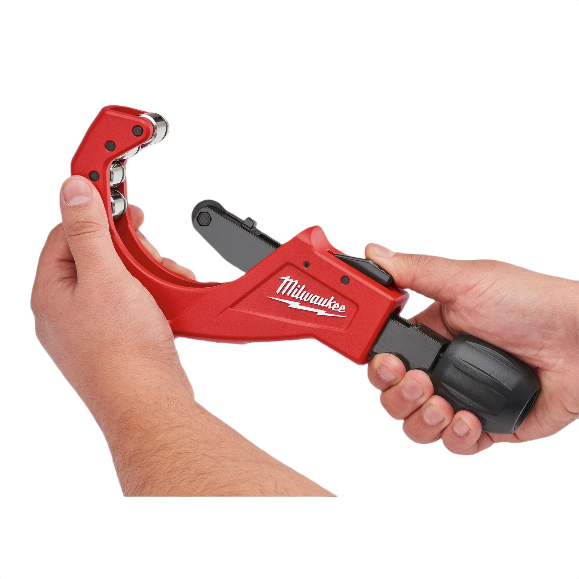 Red quick adjust copper tubing cutter with ergonomic black knob held in hands for precision home improvement tasks