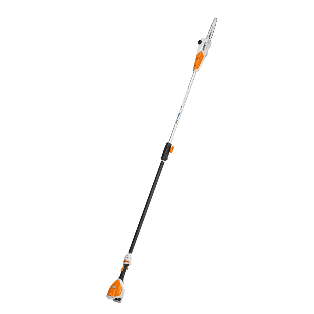 Long battery-powered pole pruner with orange and white body designed for home improvement trimming tasks