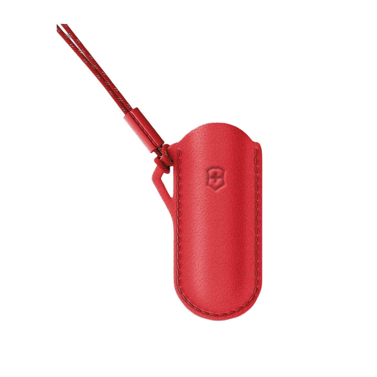 Red leather pouch with embossed logo and attached cord for protecting and carrying small tools and accessories