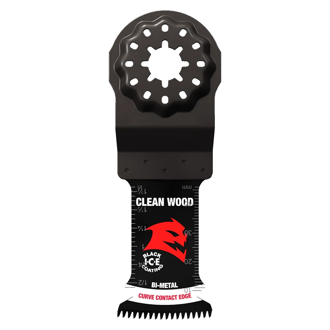 Black bi-metal oscillating blade with Starlock mount for clean wood cutting in power tool accessories and woodworking tools