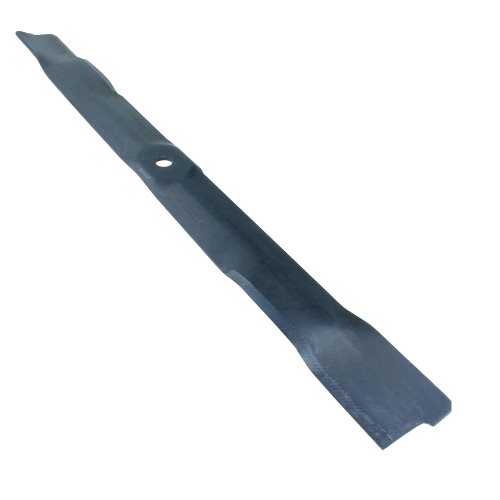 Single black metal lawn mower blade with central mounting hole for tools and home improvement use