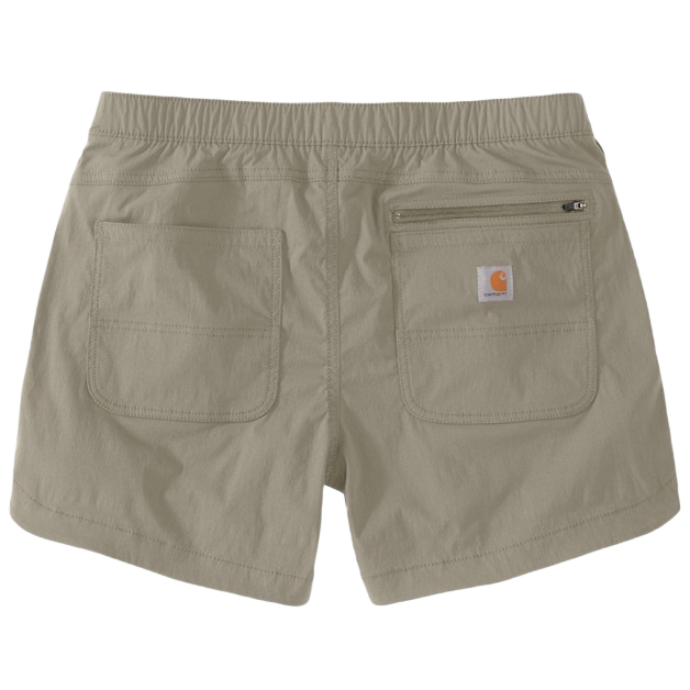 Women's tan relaxed fit ripstop work shorts with elastic waistband and multiple back pockets for outdoor and casual wear