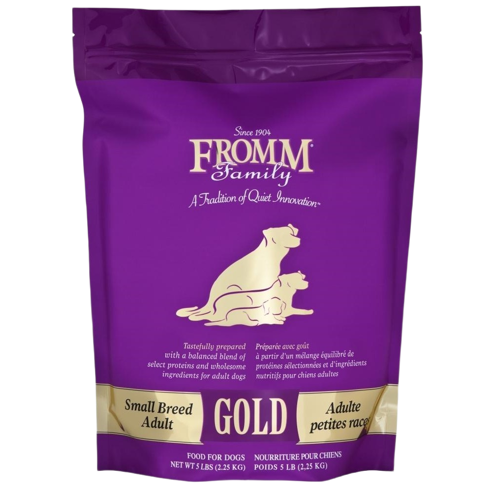 Purple bag of Fromm Gold dry dog food for small breed adult dogs with gold and beige label design