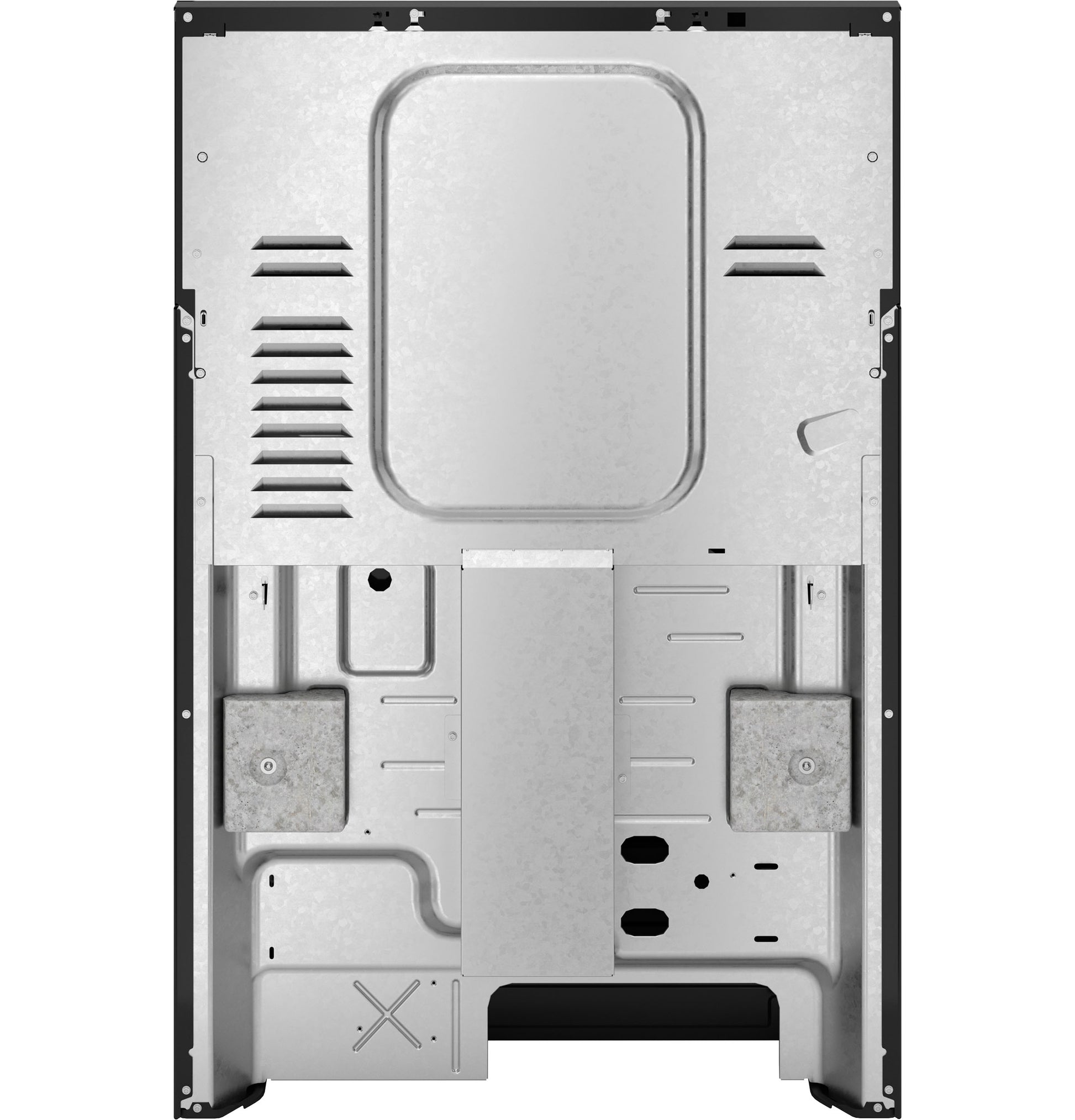 Back view of metal casing and ventilation panels for a freestanding electric range in kitchen appliances collection