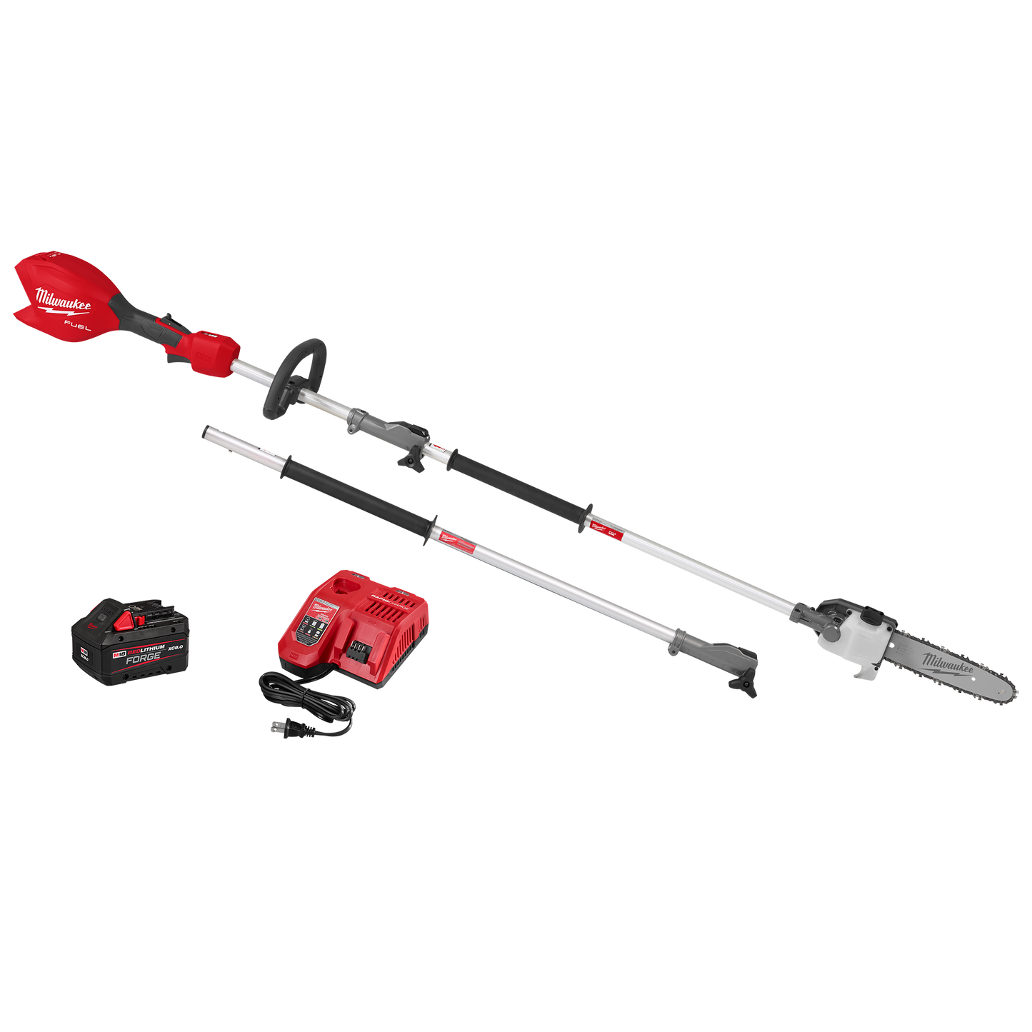 Red cordless pole saw kit with detachable extension, battery, and charger for outdoor tools and home improvement tasks