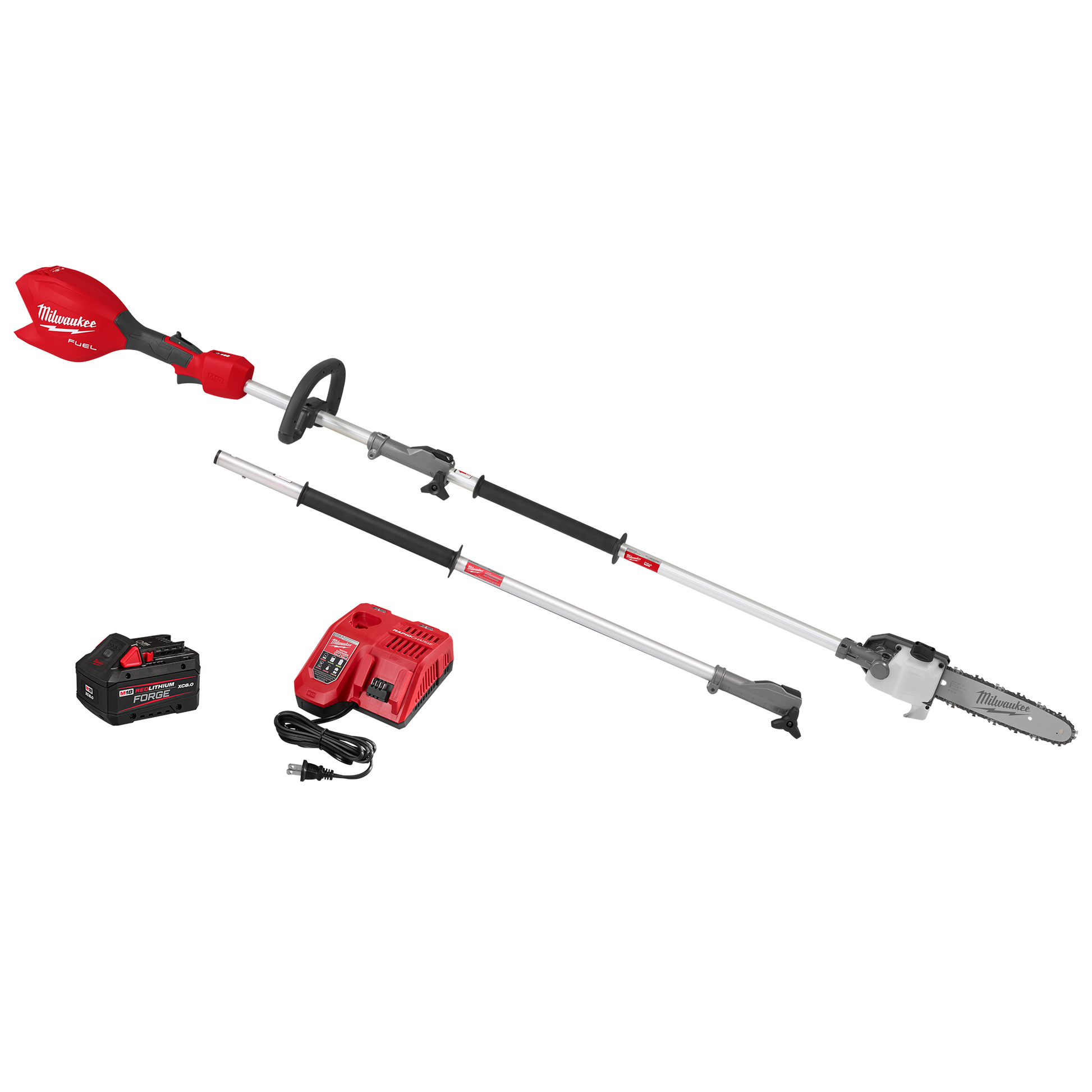 Red cordless pole saw kit with detachable extension, battery, and charger for outdoor tools and home improvement tasks