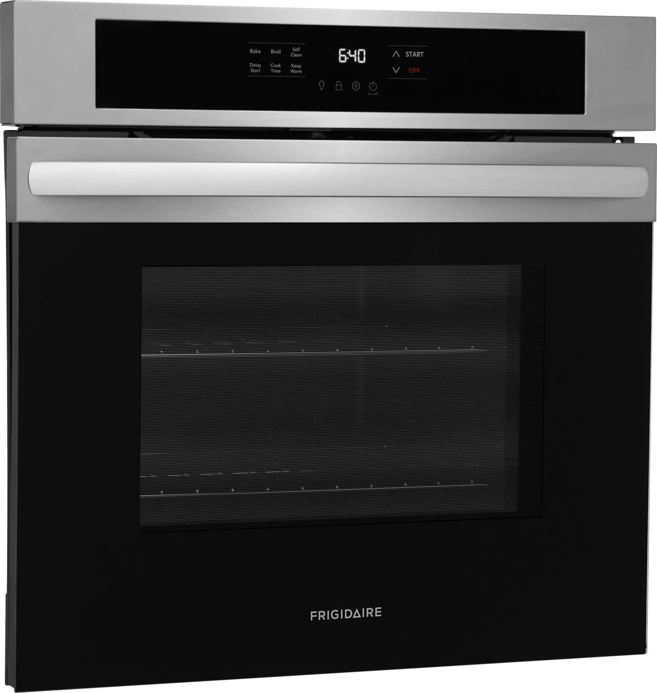 Stainless steel single electric wall oven with digital control panel and interior racks from kitchen appliances collection