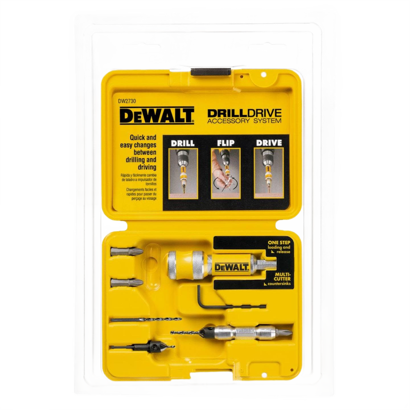 Yellow drill drive set with multiple metal bits and quick-change chuck for versatile home improvement tasks