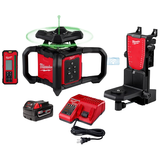 Red and black rotary laser level kit with digital remote, tripod mount, battery, and charger for precision home improvement tasks
