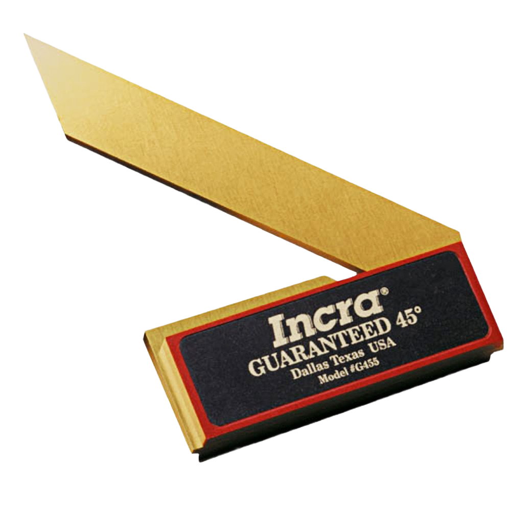 Precision 5-inch 45-degree woodworking square with brass blade and guaranteed accuracy for tool and saw accessories.