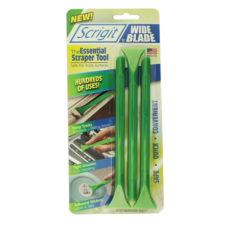 Set of three green wide blade scraper tools for cleaning tight spaces and removing adhesive in home improvement tasks