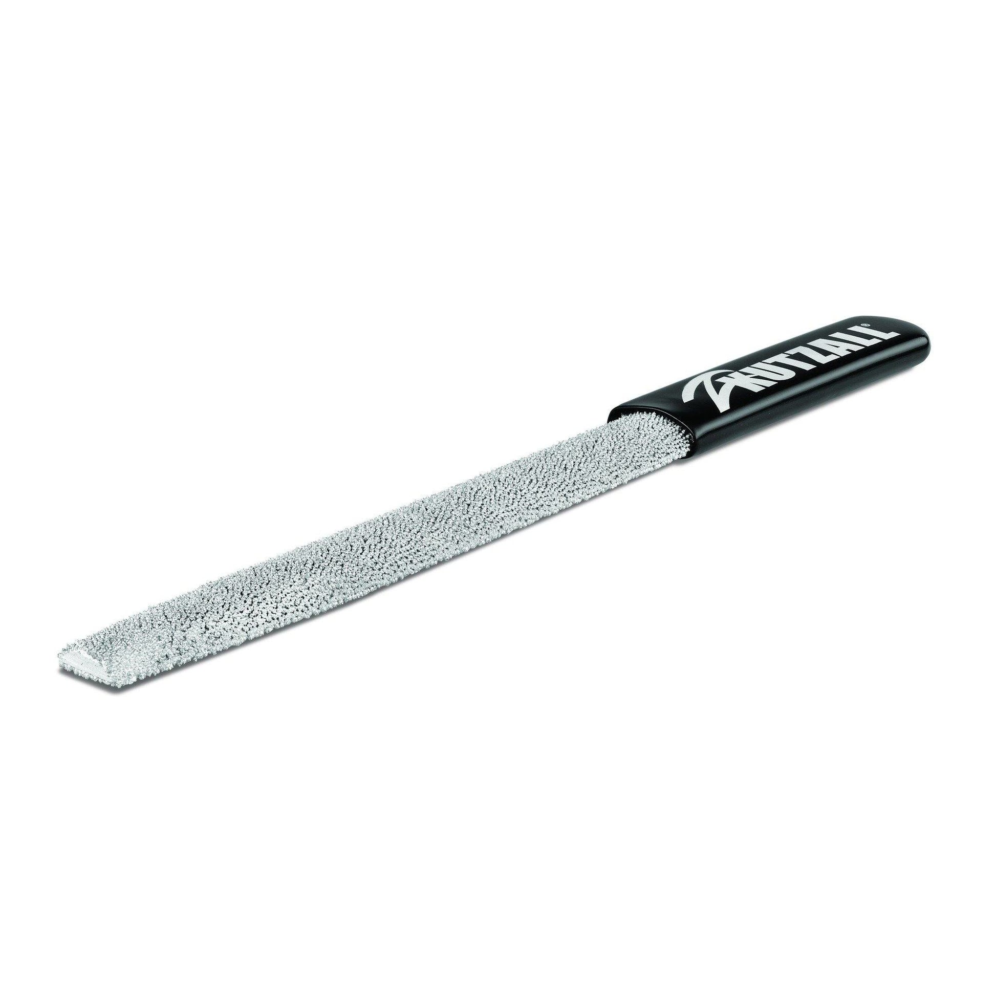 Coarse half-round hand rasp with textured metal filing surface and black handle for tools and home improvement projects