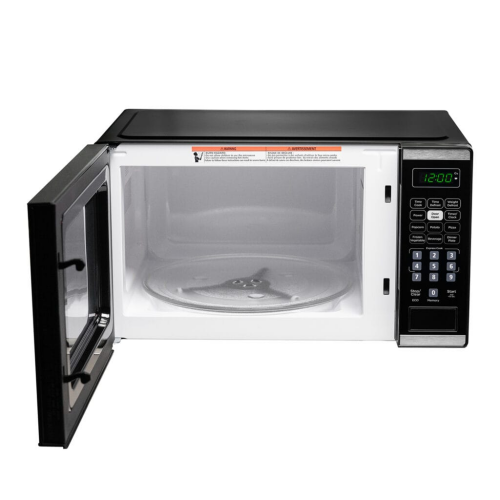 Black countertop microwave with digital keypad, open door, and interior turntable in kitchen appliance collection