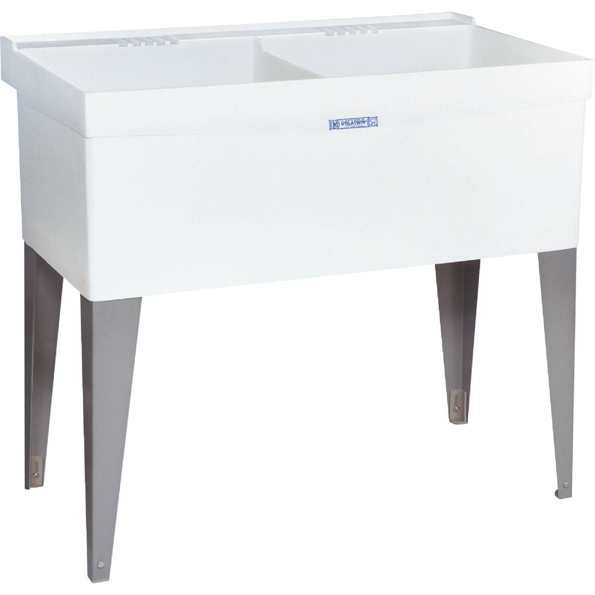 White double laundry tub with durable plastic basin and sturdy dark metal legs for utility room use