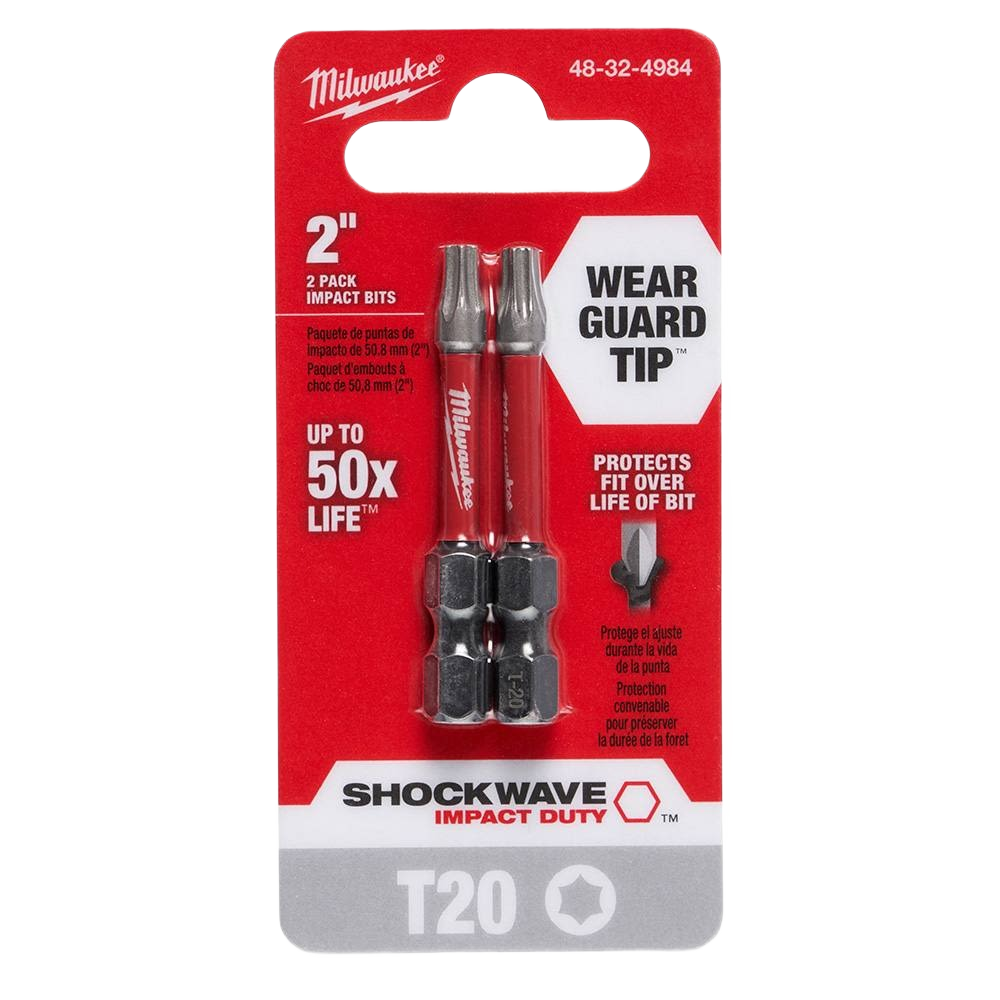 Two red-shafted T20 TORX impact bits with hex bases for power tool accessories and home improvement projects