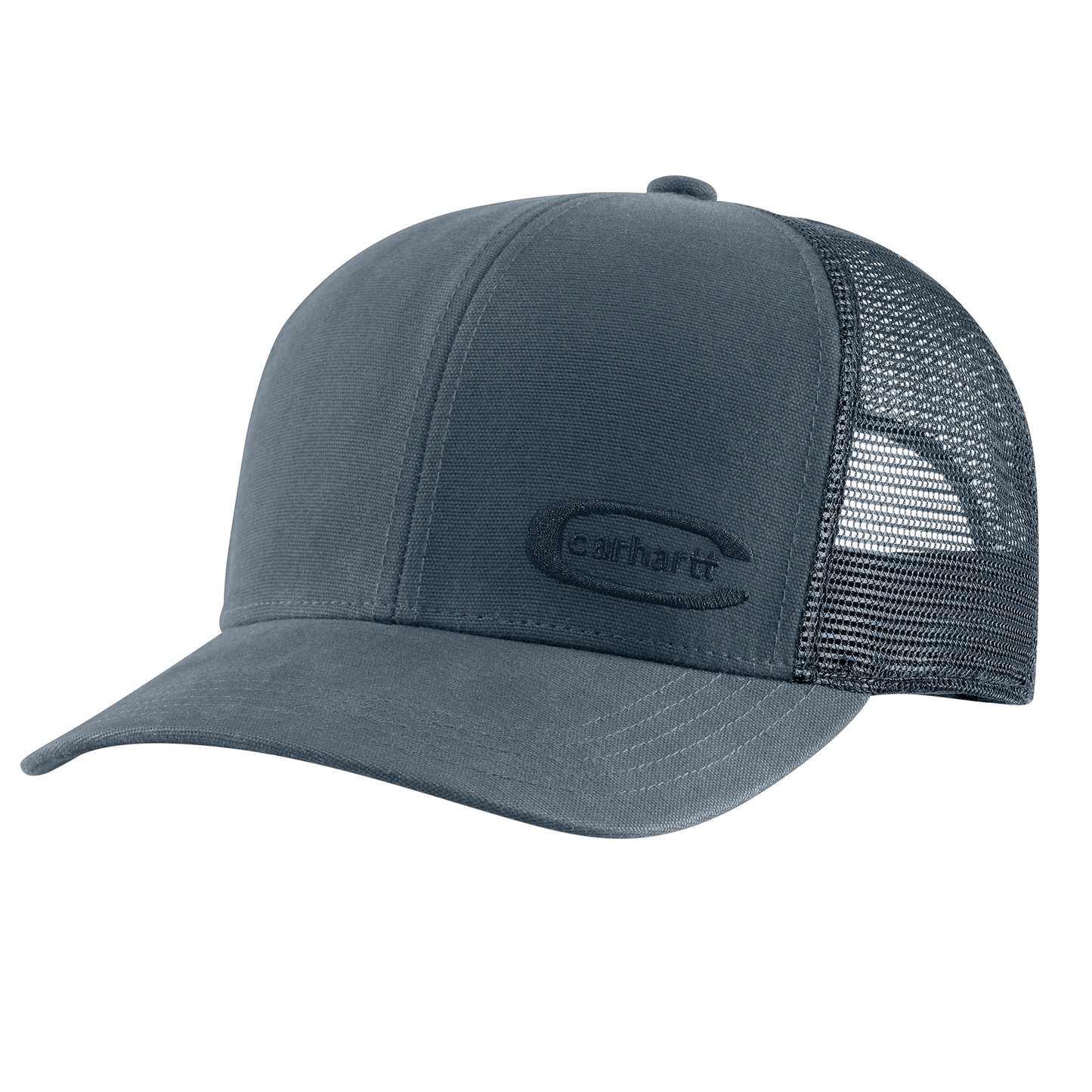 Dark slate blue medium-profile cap made from washed cotton canvas with breathable mesh back panels and subtle embossed logo patch for men’s casual and workwear.