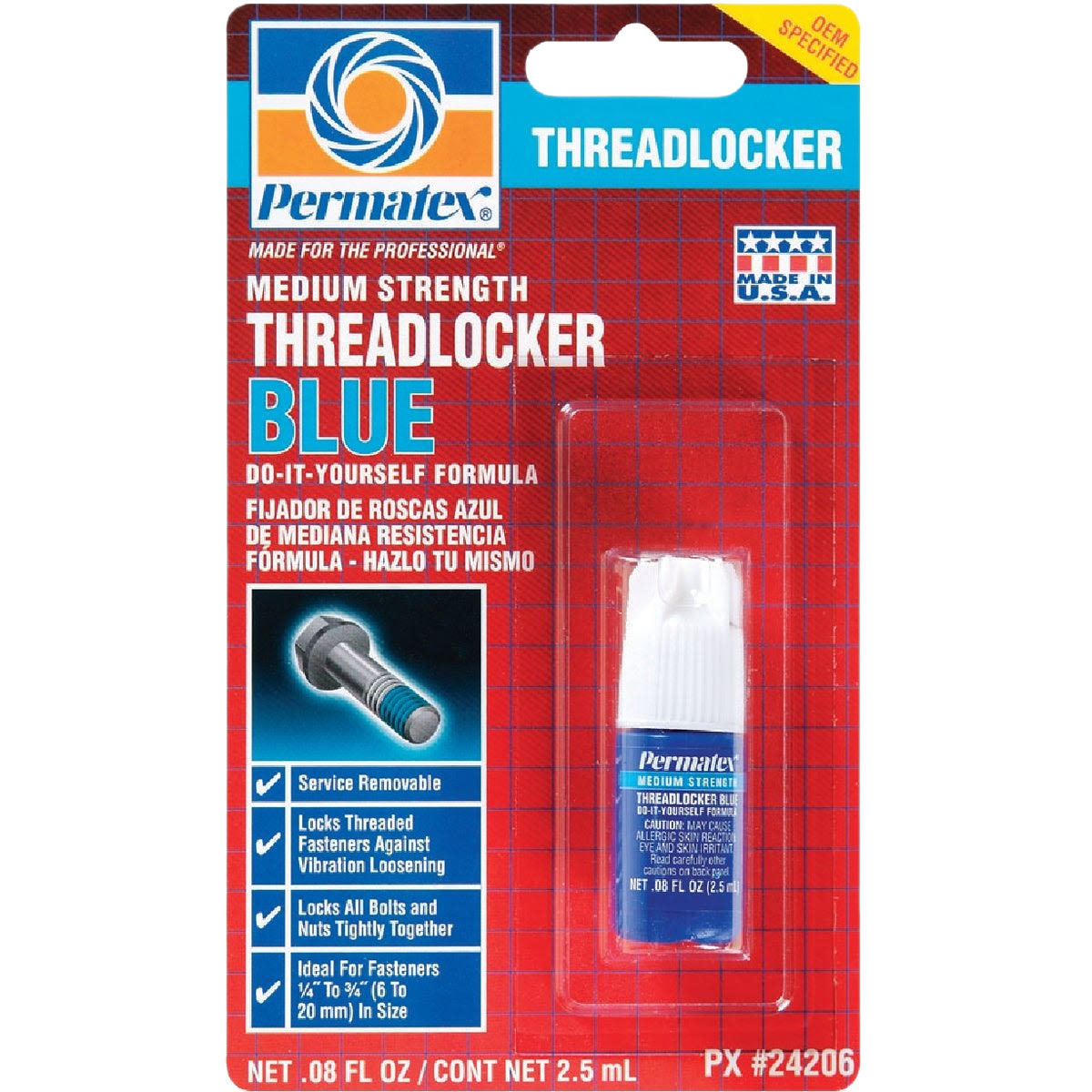 Permatex medium strength blue threadlocker in small bottle on red and blue retail packaging for home improvement tools