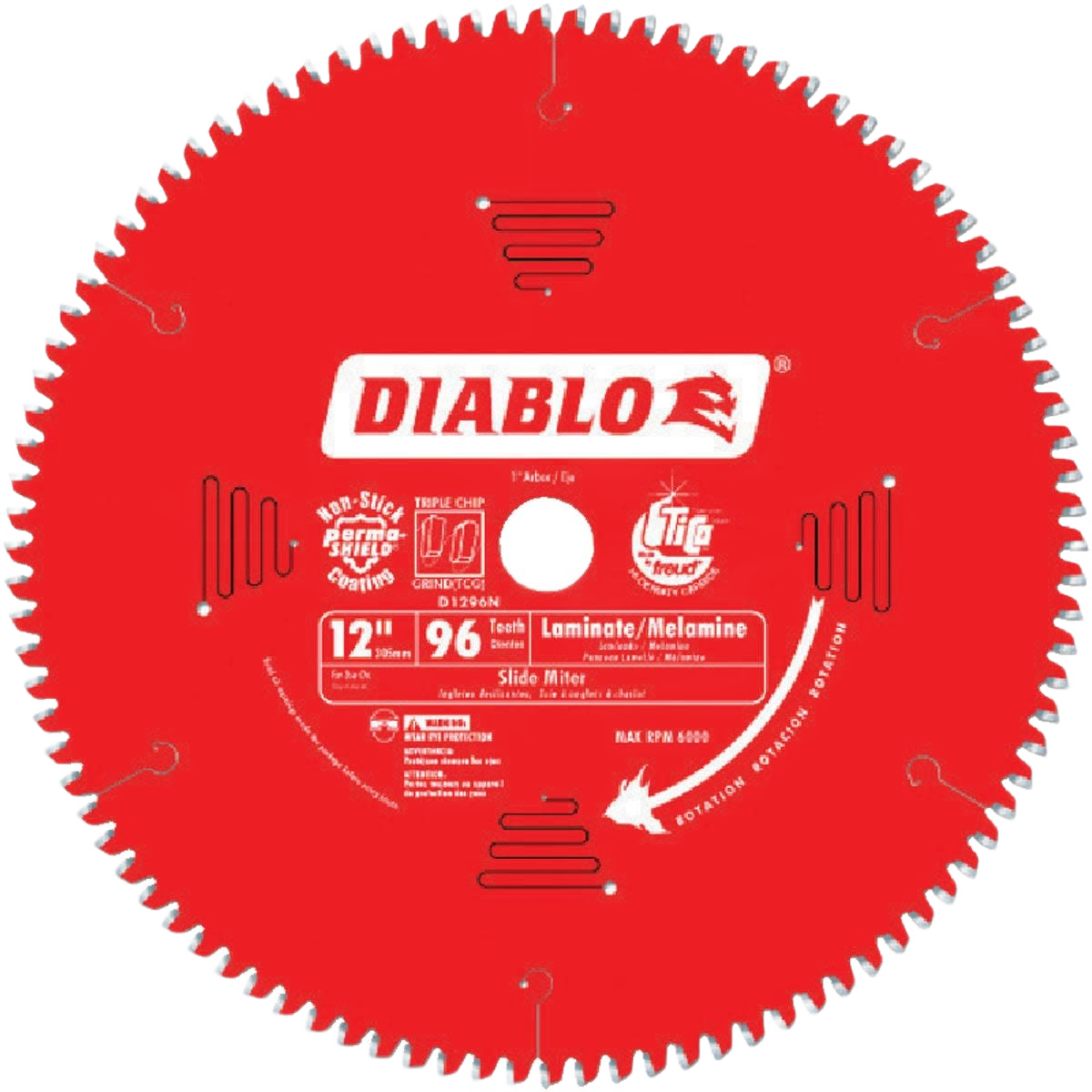 Red 12-inch 96-tooth medium saw blade designed for laminate and melamine cutting in tools and home improvement projects
