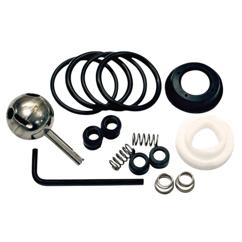 Collection of rubber gaskets, metal springs, and repair components for faucet maintenance and plumbing parts repair.